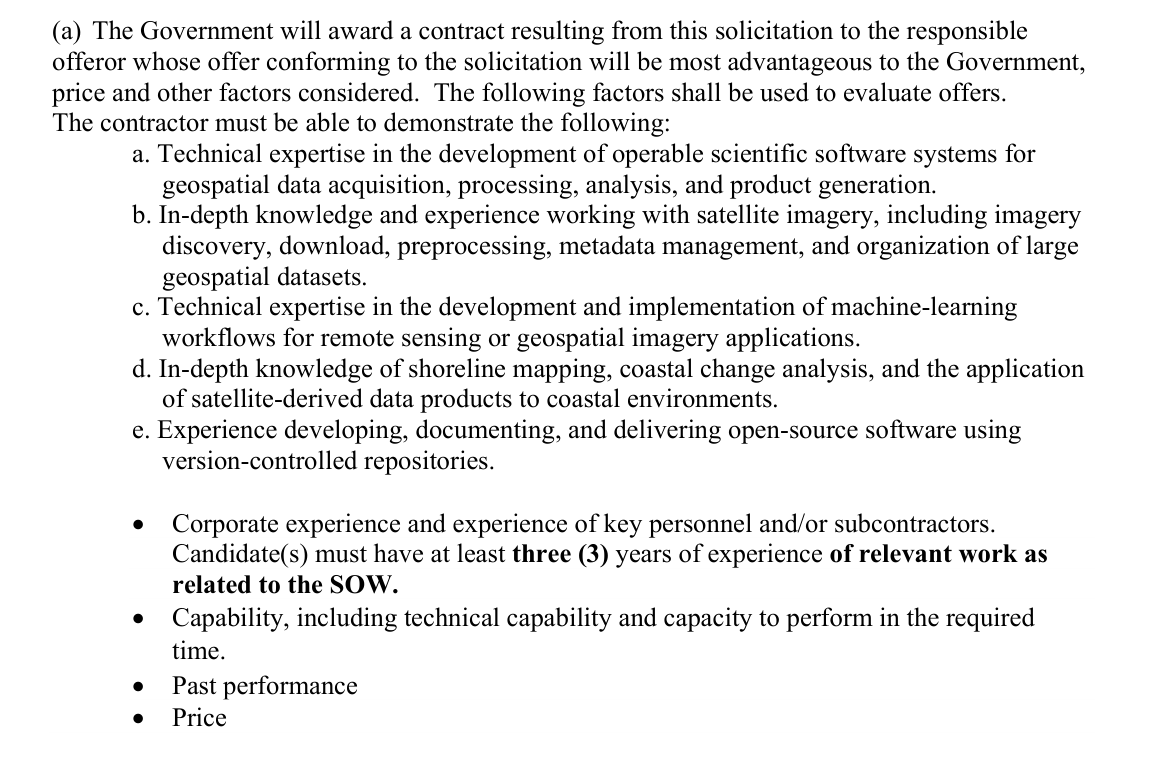Page 14 of USGS solicitation 140G0326Q0205, showing the evaluation factors in FAR 52.212-2